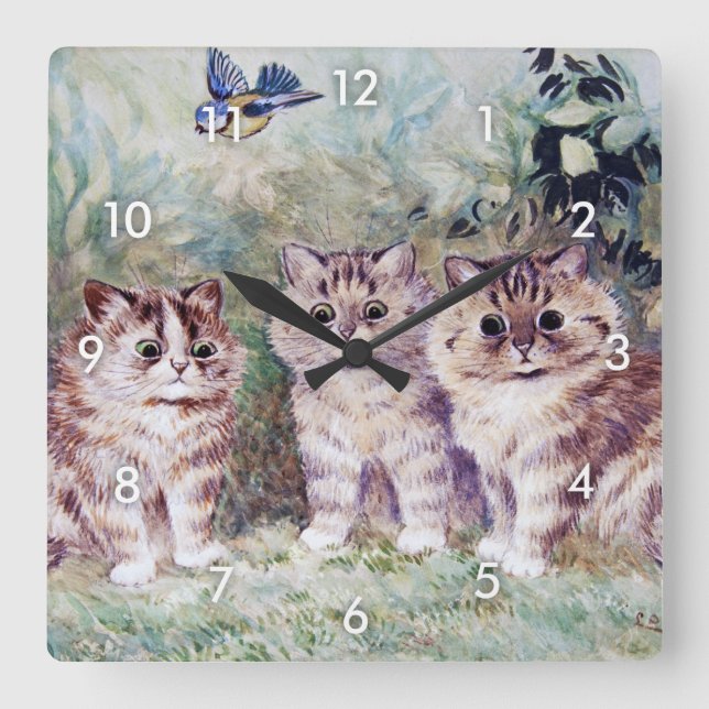 Three Kittens, Louis Wain Quadratische Wanduhr (Vorderseite)