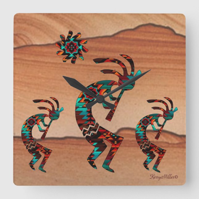 Three Kokopelli Playing Flute Quadratische Wanduhr (Vorderseite)
