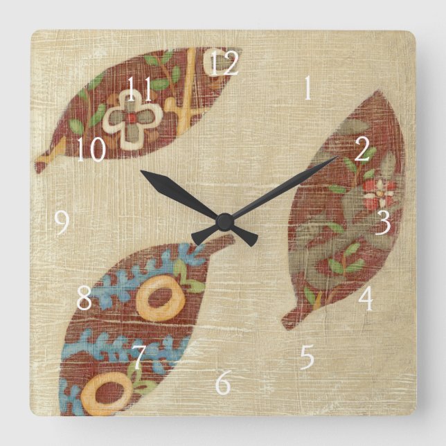 Three Leaves on Linen Texture Background Quadratische Wanduhr (Vorderseite)