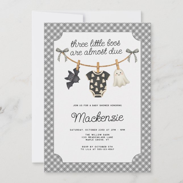 Three Little Boos Gingham Halloween Baby Shower Einladung (Vorderseite)