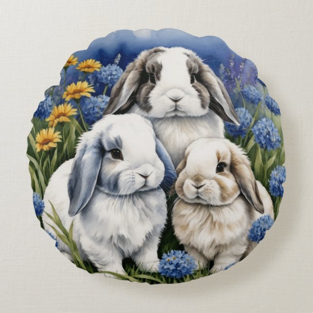 Three Little Lop Bunnies Rundes Kissen (Vorderseite)