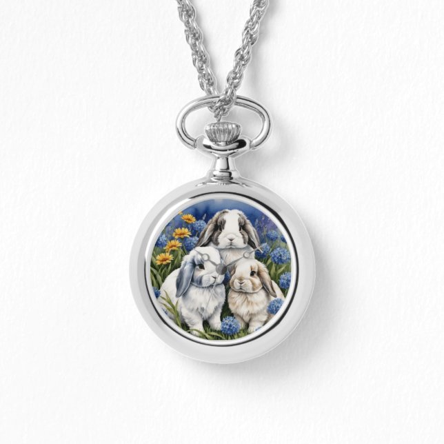 Three Little Lop Bunny Rabbits Necklace Armbanduhr (Vorderseite)