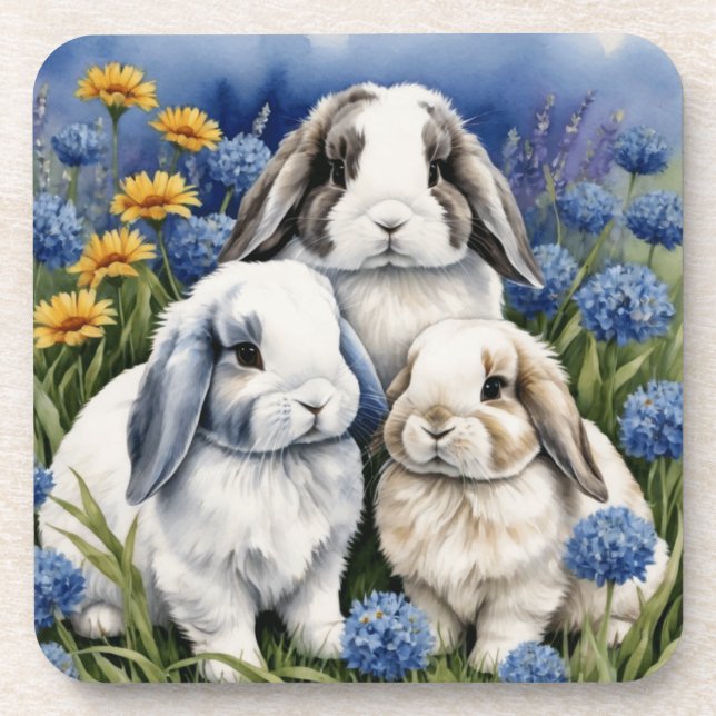 Three Little Lop Bunny Rabbits Set von 6 Getränkeuntersetzer (Vorderseite)