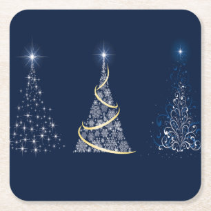 Three Modern Art Christmas Trees on Blue Rechteckiger Pappuntersetzer