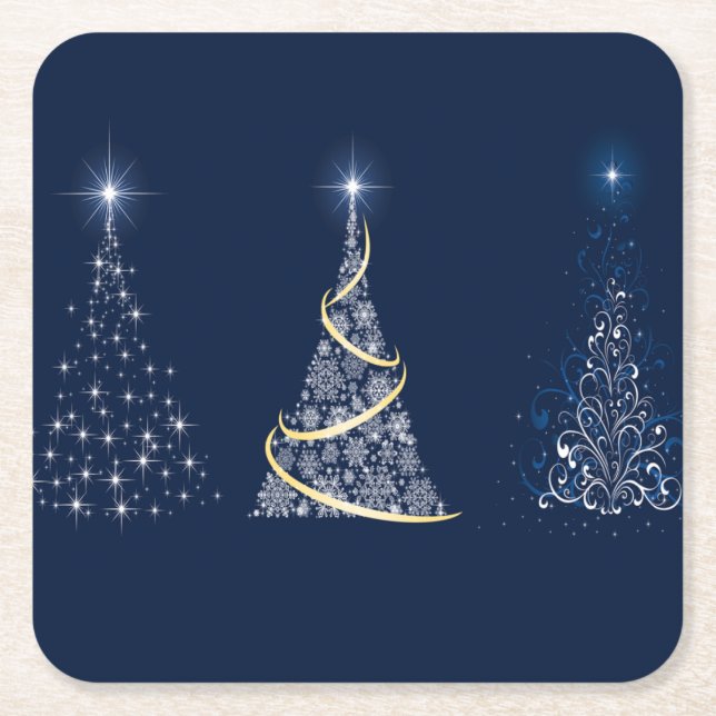 Three Modern Art Christmas Trees on Blue Rechteckiger Pappuntersetzer (Vorderseite)