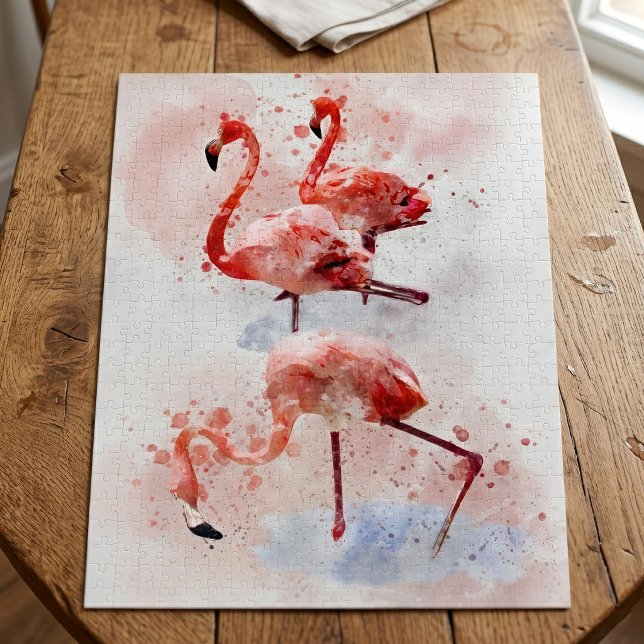 Three Pink Flamingos Watercolor (Three Pink Flamingos in Watercolor Art Print. Jigsaw Puzzle)