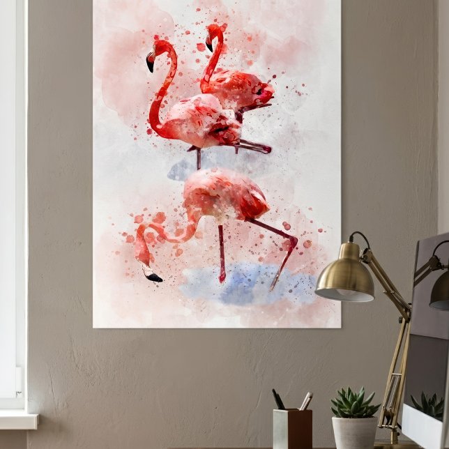 Three Pink Flamingos Watercolor Poster (Three Pink Flamingos in Watercolor Art Print. Poster)