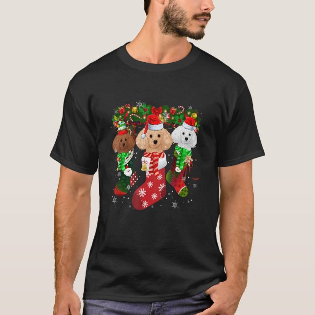Three Poodle In Socks Christmas Santa Hat   T-Shirt (Vorderseite)