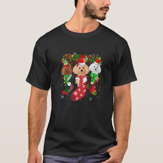 Three Poodle In Socks Christmas Santa Hat T-Shirt (Vorderseite)