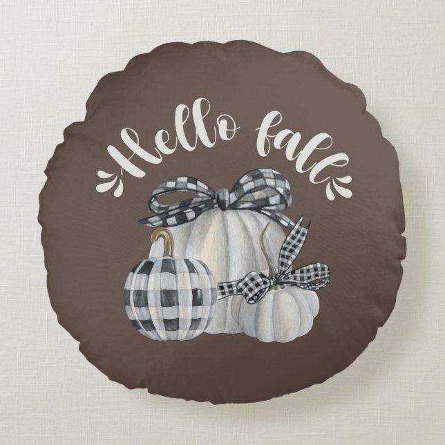 Three Pumpkin Hello Fall Rundes Kissen (Vorderseite)
