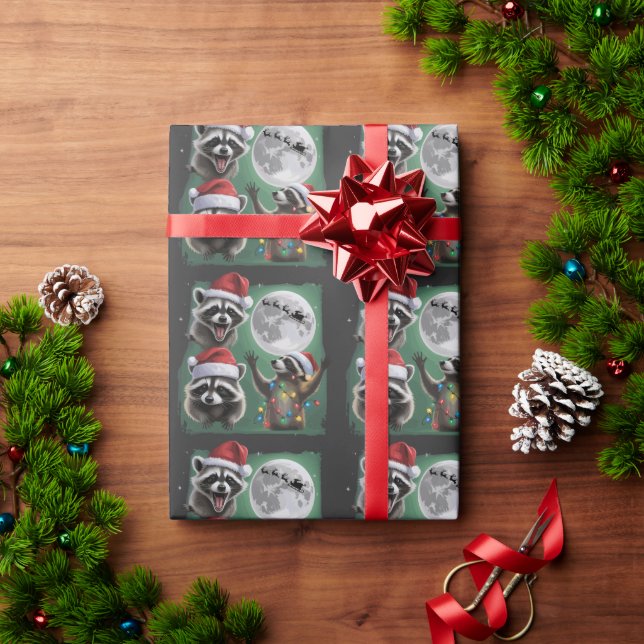 Three Raccoons With The Moon Galaxy Christmas  Geschenkpapier (Feiertagsgeschenk)