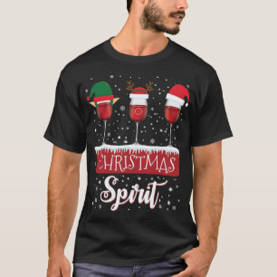 Three Red Wine Glass Christmas Spirit Santa Elf T-Shirt