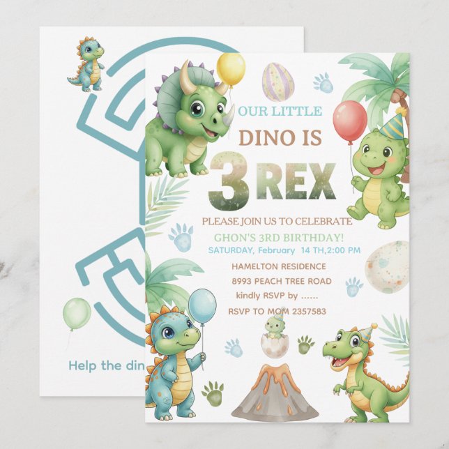Three-Rex Birthday Invitation with Maze Invitation Einladung (Vorne/Hinten)