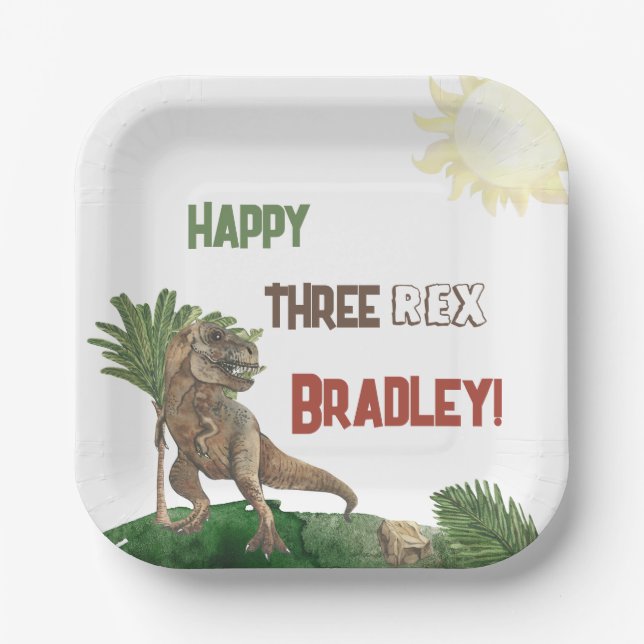 Three Rex Birthday Watercolor Pappteller (Vorderseite)