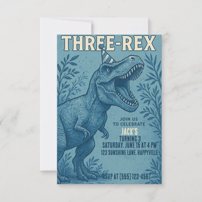 Three Rex Dinosaur Jungle Birthday Einladung (Vorderseite)