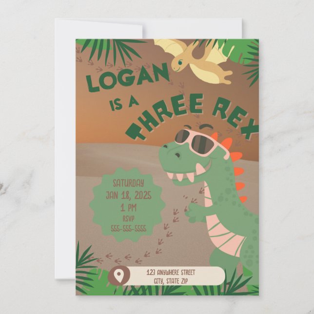 "Three" Rex Dinosaurier 3. Geburtstagseinladung Einladung (Vorderseite)