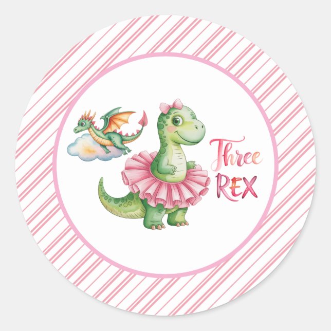 Three Rex Girl Birthday Party Runder Aufkleber (Vorderseite)