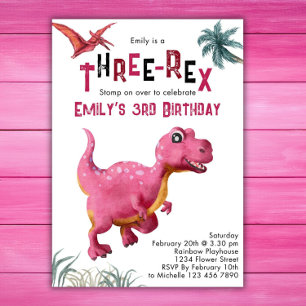 Three-Rex Mädchen 3. Geburtstag Dinosaurier Rosa D Einladung