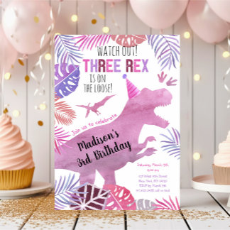 Three Rex Pink Lila Girl Dinosaurier Geburtstag Einladung