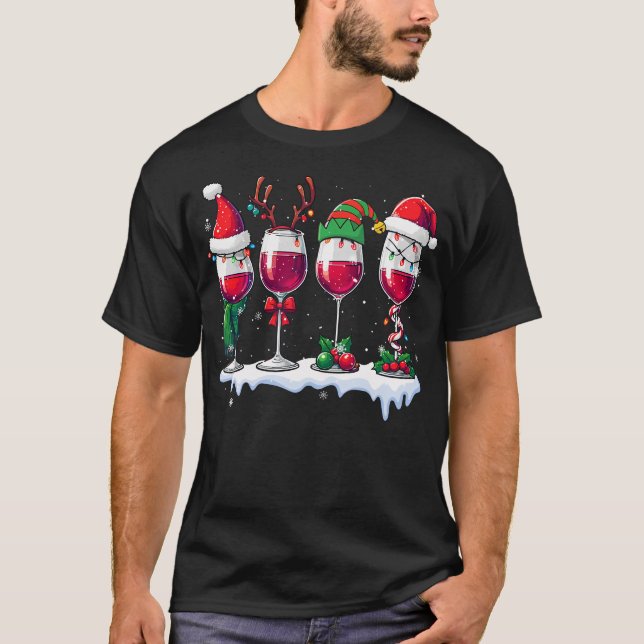 Three Santa Elf Reindeer Wine Glasses Christmas Dr T-Shirt (Vorderseite)