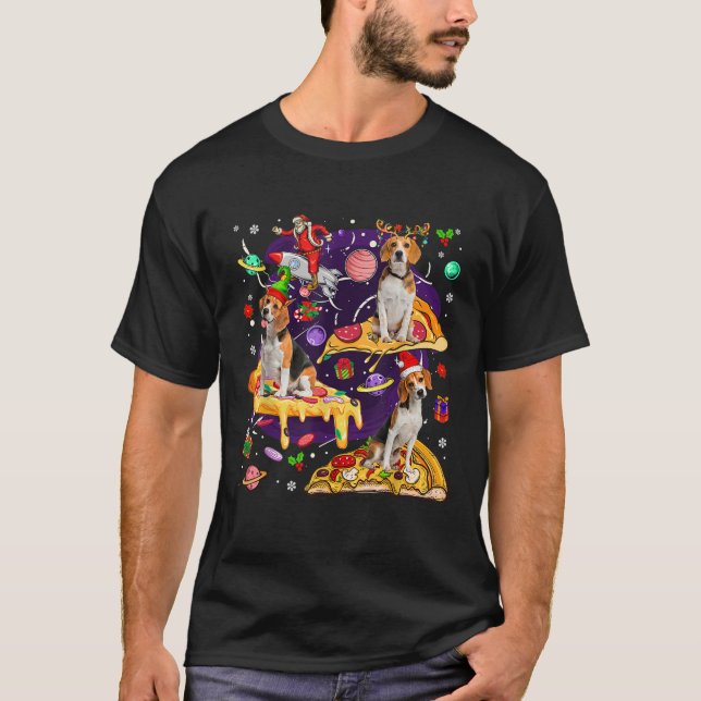 Three Santa Reindeer Elf Beagles Riding Pizzas Cut T-Shirt (Vorderseite)