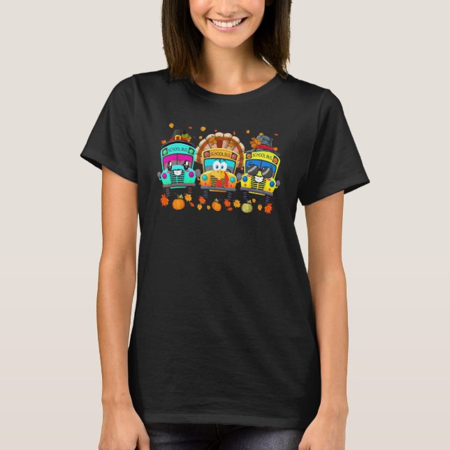Three School Buses Pilgrim Turkey Fall Vibes Thank T-Shirt (Vorderseite)