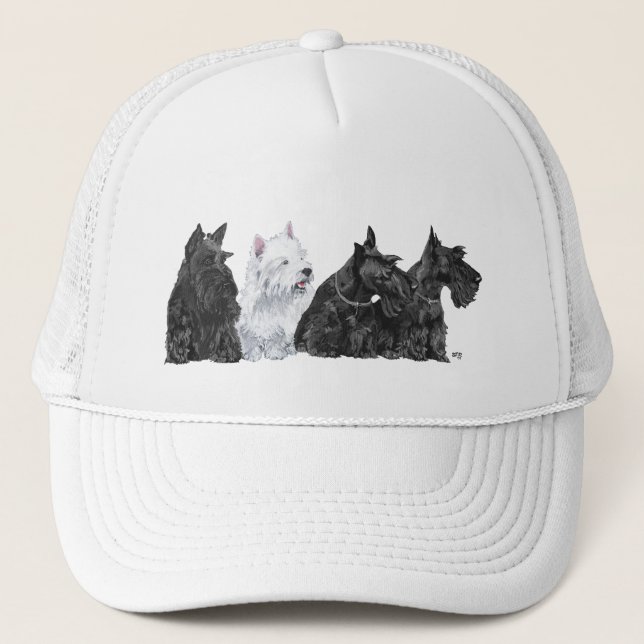 Three Scotties & a Westie Truckerkappe (Vorderseite)