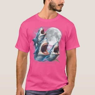 Three Sharks Moon Funny Shark Howling Wolfs Moon P T-Shirt