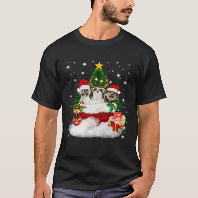 Three Shih Tzu In Santa Bag Christmas Costume T-Shirt (Vorderseite)