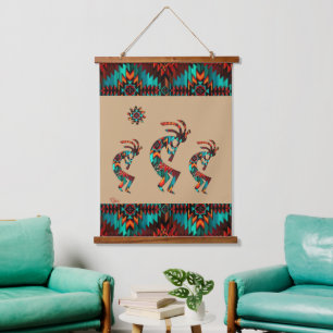 Three Southwest Kokopelli Hanging Tapestes Wandteppich Mit Holzrahmen
