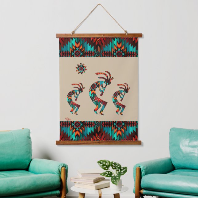 Three Southwest Kokopelli Hanging Tapestes Wandteppich Mit Holzrahmen (Wohnzimmer)