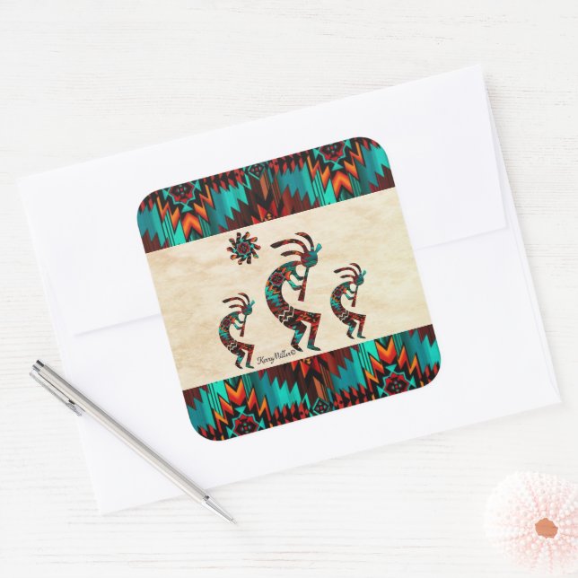 Three Southwest Kokopelli Quadratischer Aufkleber (Umschlag)