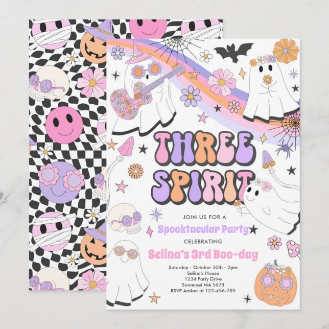Three Spirit Halloween Groovy Ghost 3. Geburtstag Einladung (Vorne/Hinten)