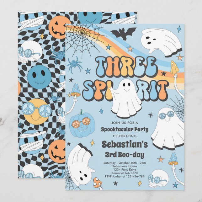 Three Spirit Halloween Groovy Ghost 3. Geburtstag Einladung (Vorne/Hinten)
