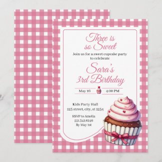Three Sweet Pink Cupcake Girl 3rd Birthday Party Einladung