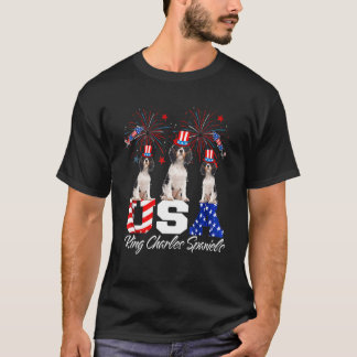 Three US King Charles Spaniels American Flag Hat T-Shirt