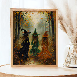 Three Witches Autumn Forest Vintage Halloween Wall Poster