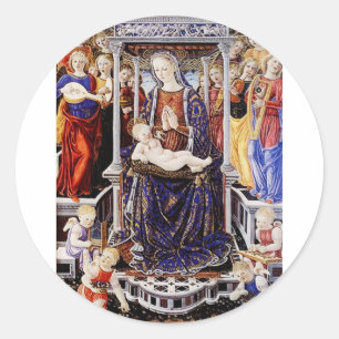Thronende Madonna mit Kind und musizierendem Engel Runder Aufkleber