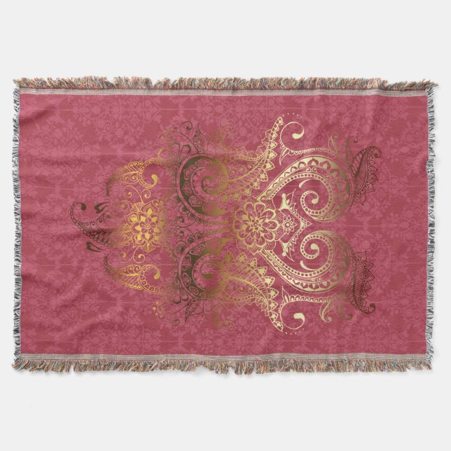 Throw Blanket Gold Indianerzierung Damask fuchsia Decke (Vorderseite)
