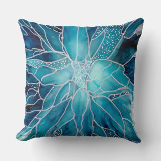 Throw Cushion -  Alcohol Ink Art Blue White Flower Kissen