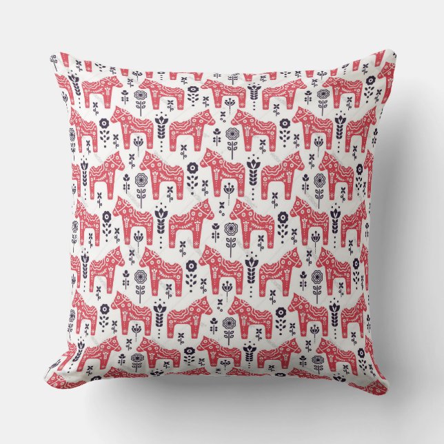 Throw Cushion - Swedish Dala Horse & Floral Design Kissen (Vorderseite)