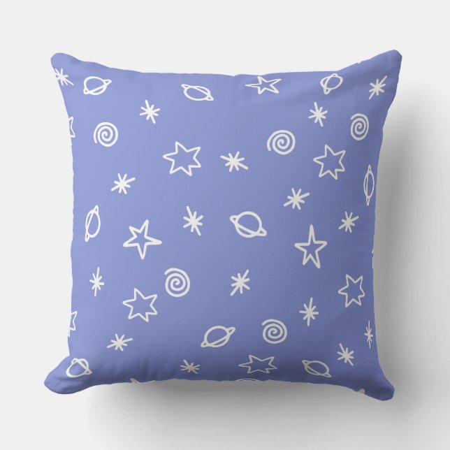 Throw Pillow Blue Space Doodle Stars Planets Kissen (Vorderseite)