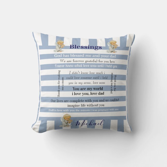 Throw Pillow Blue & White Stripe Blessings  Kissen (Vorderseite)