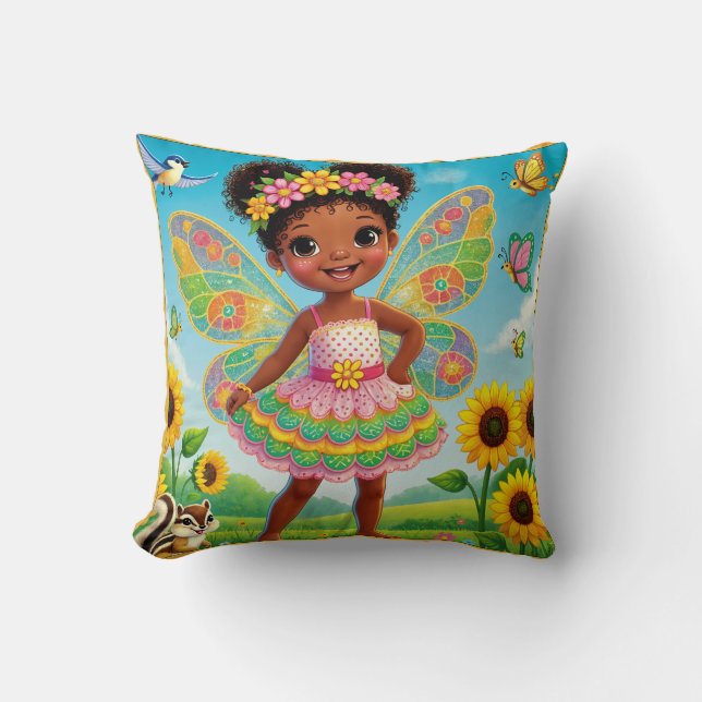 THROW PILLOW - "GLÜCKLICHE FAIRE MIT SONNENBLUMEN" KISSEN (Vorderseite)