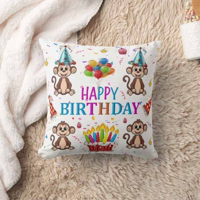 Throw Pillow, Happy Birthday Monkey Cupcake Kissen (Decke)
