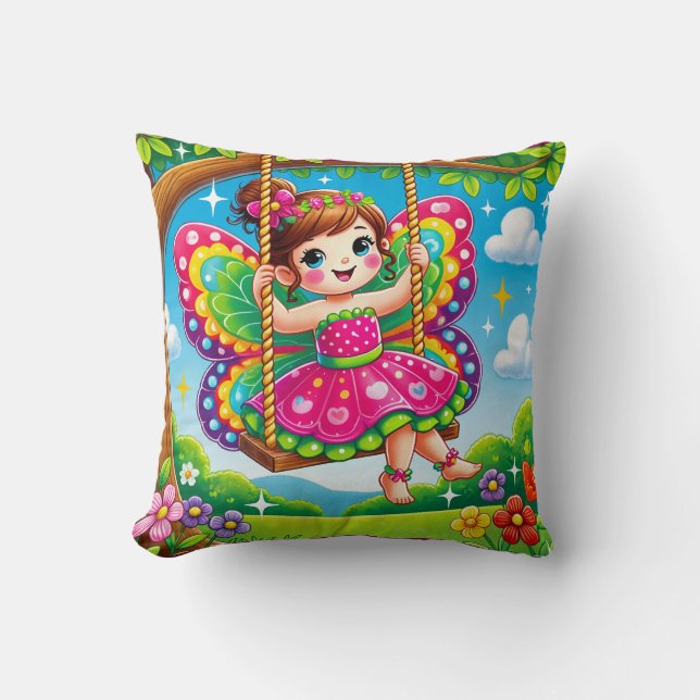 THROW PILLOW - "SMILING FAIRE ON A SWING" KISSEN (Vorderseite)
