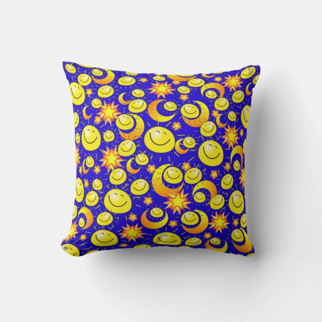 Throw Pillow Yellow Sun Moon Stars Blau Kissen (Vorderseite)