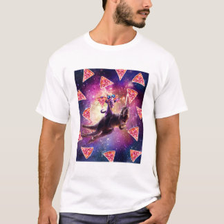 Thug Space Cat On Dinosaur Unicorn - Pizza T-Shirt