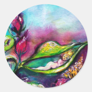 THUMBELINA, DAS ZWISCHEN ROSEN-BLÄTTER SCHLÄFT RUNDER AUFKLEBER
