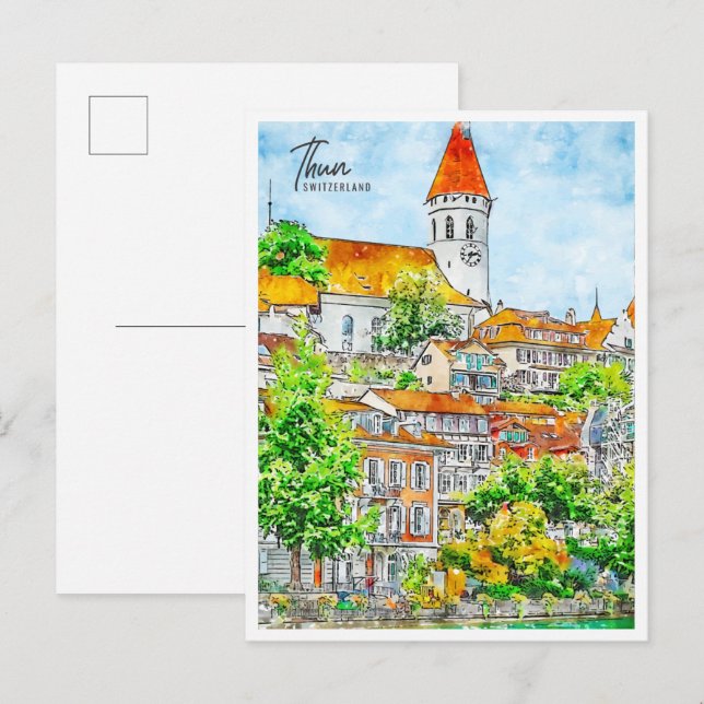 Thun Switzerland Vintage Wasserfarbe Postkarte (Vorne/Hinten)